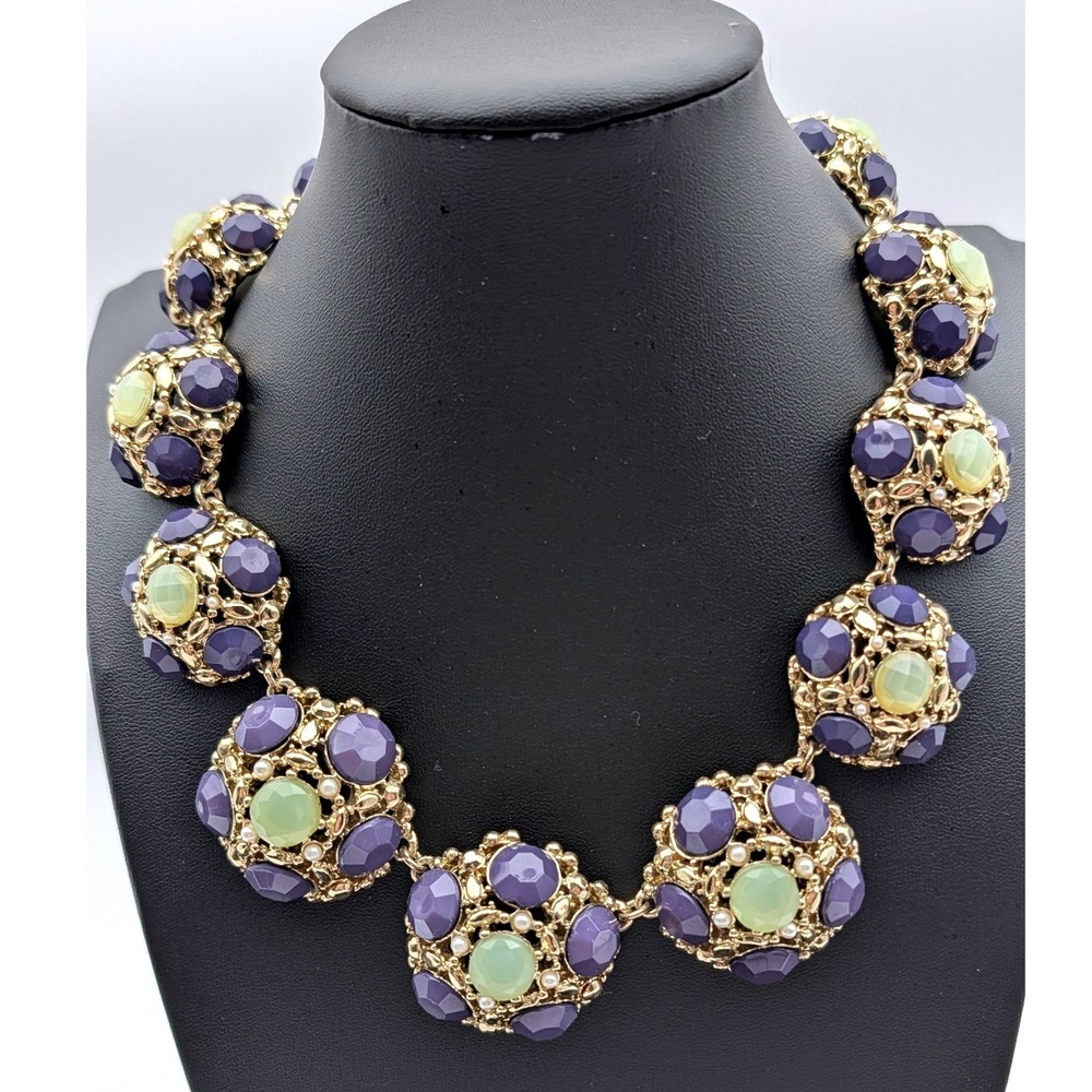 Leslie Danzis Statement Necklace Purple Green Gold Tone Beaded Collar Bib
